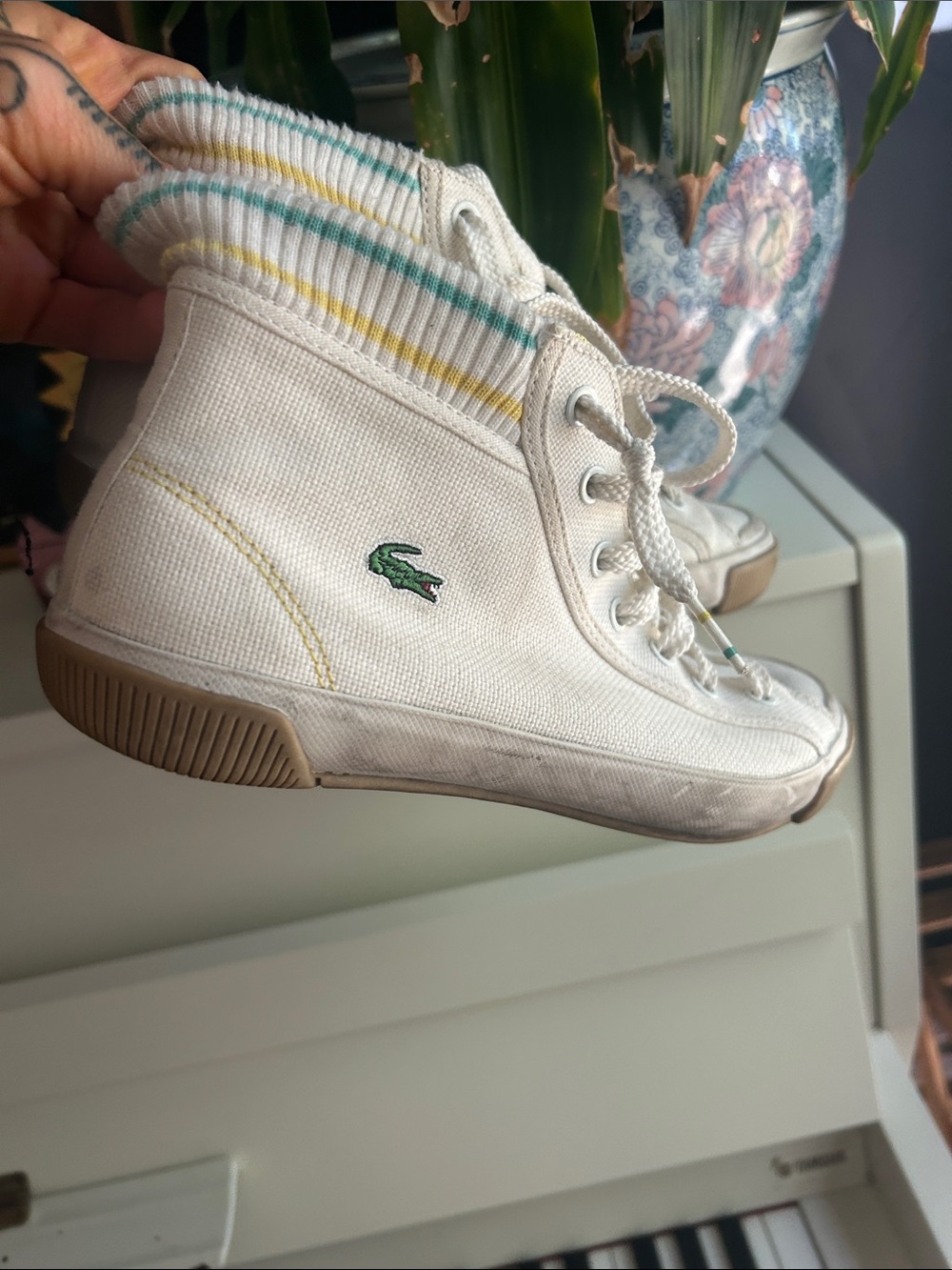 Lacoste Men’s White High-Top Canvas Sneakers with Green Crocodile US 9.5
